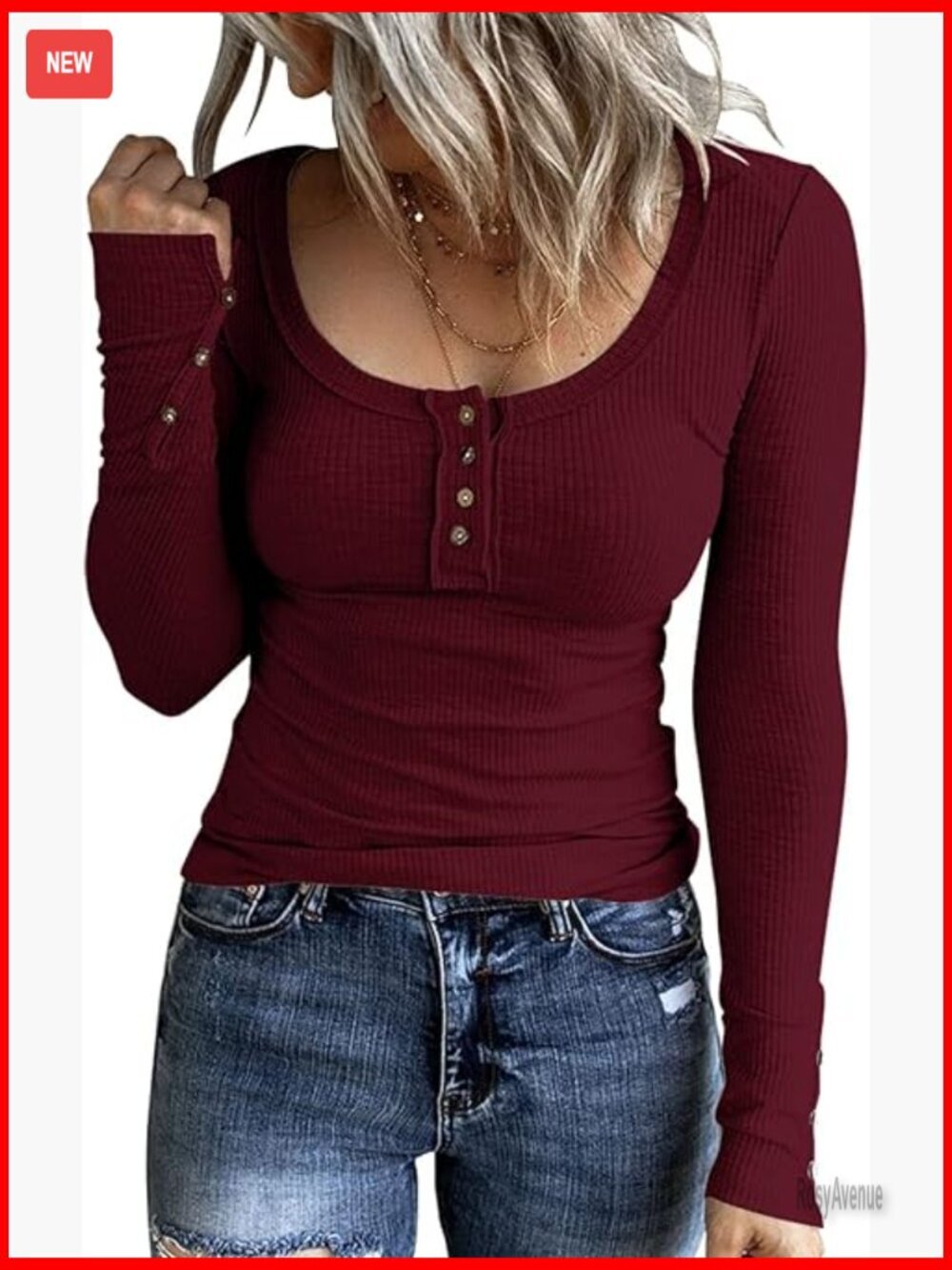 Long Sleeve Henley Button Down Slim Fit Ribbed Knit Tunic Top